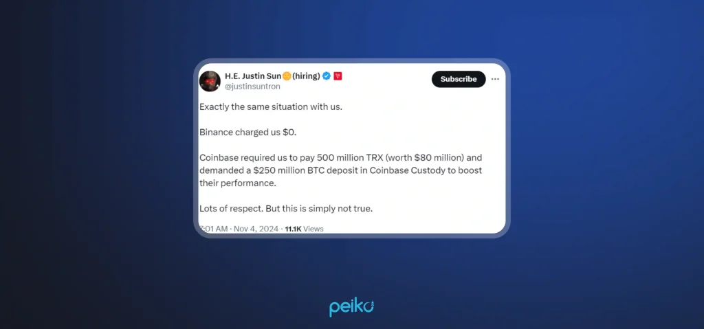 what Tron founder says about exchange token listing cost on Coinbase